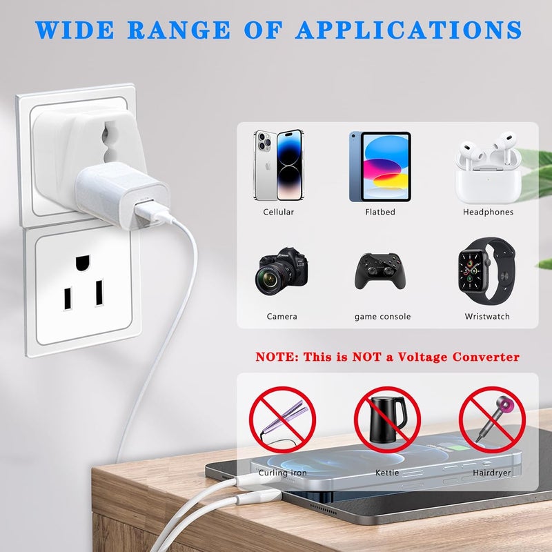 OFOAEEA Universal Adapter, Europe to US Plug Adapters, 2 Pack UK to US Plug Adaptor, India to US Plug Adapterr, American Outlet PlugAdapter, EU/UK/Au/CN/Indian to USA Power Adapter (Type B), White - Image 5
